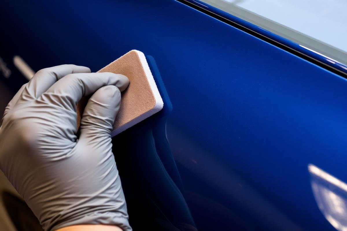 Applicator spreading ceramic coating across polished blue car paint