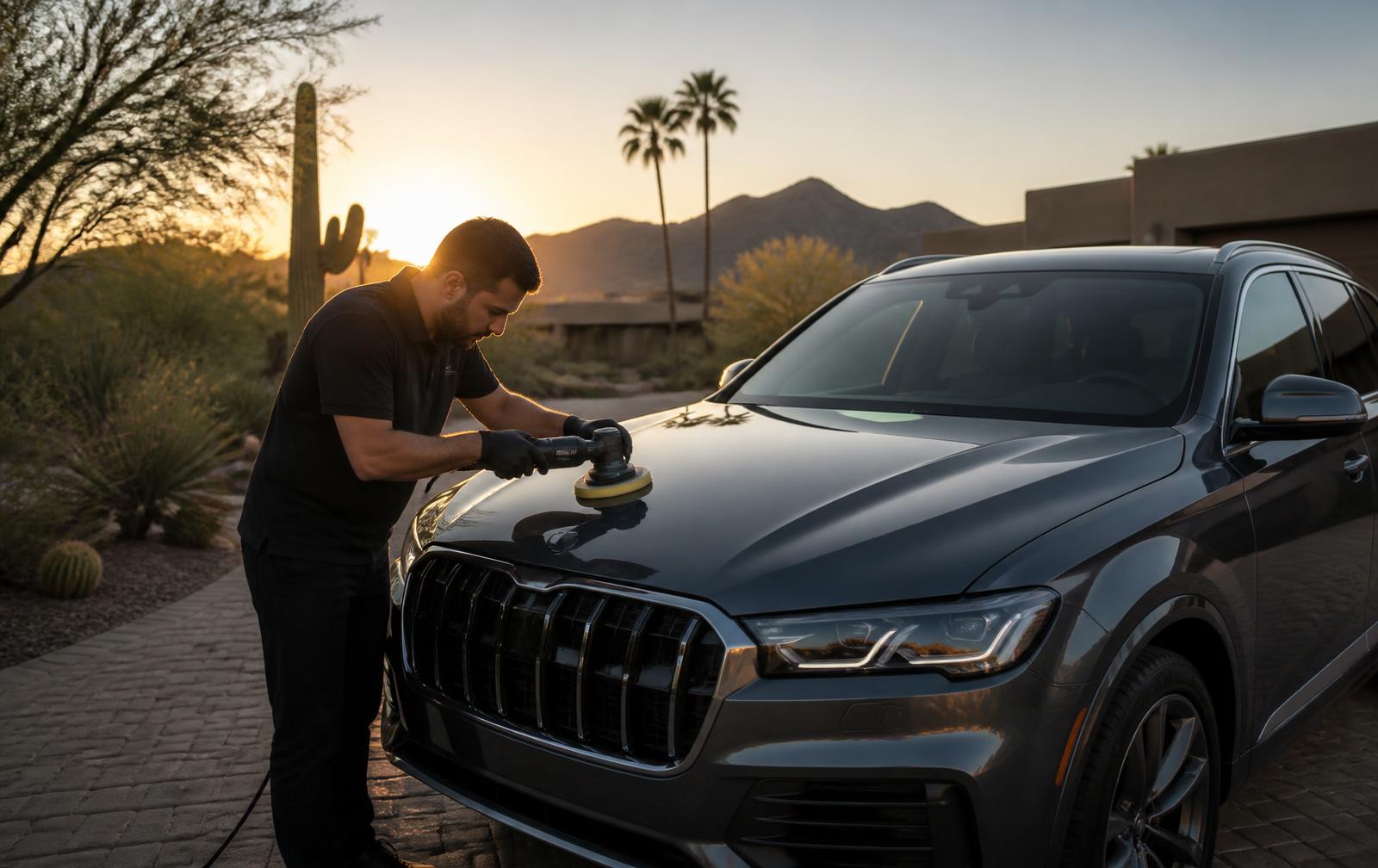 Detailer machine polishing the hood of a dark SUV on a Scottsdale driveway at sunset