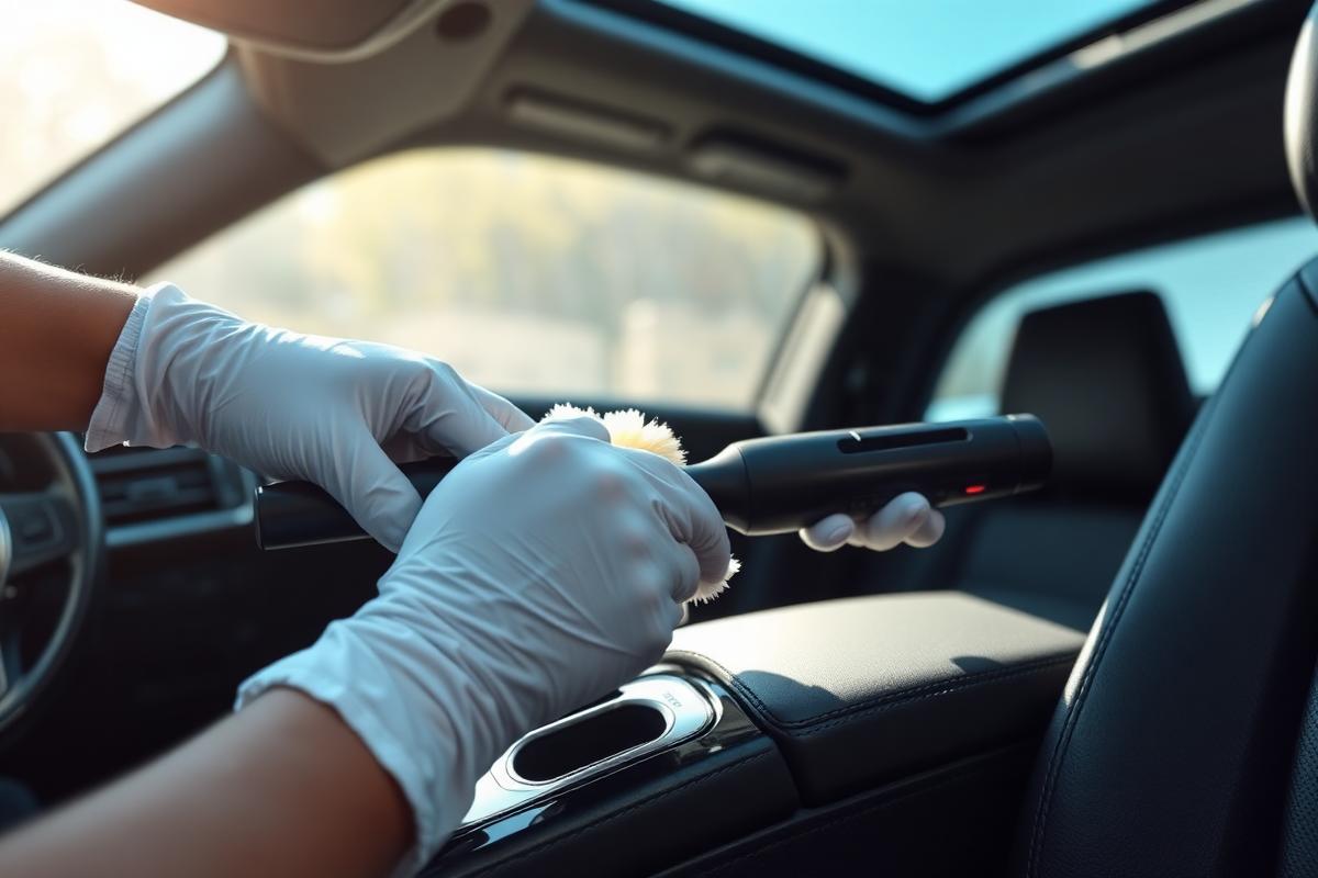 Detailer cleaning a car interior console and dashboard vents with a brush