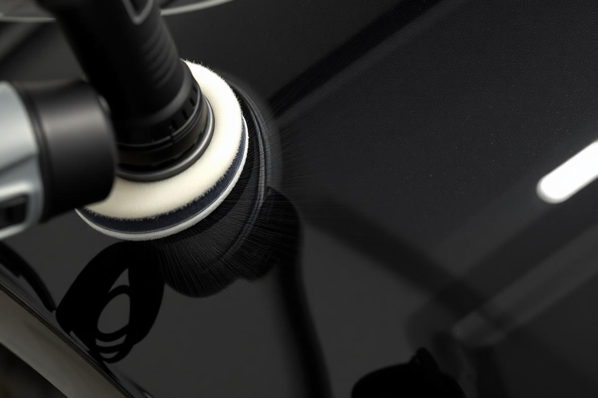 Machine polisher removing swirl marks from black car paint