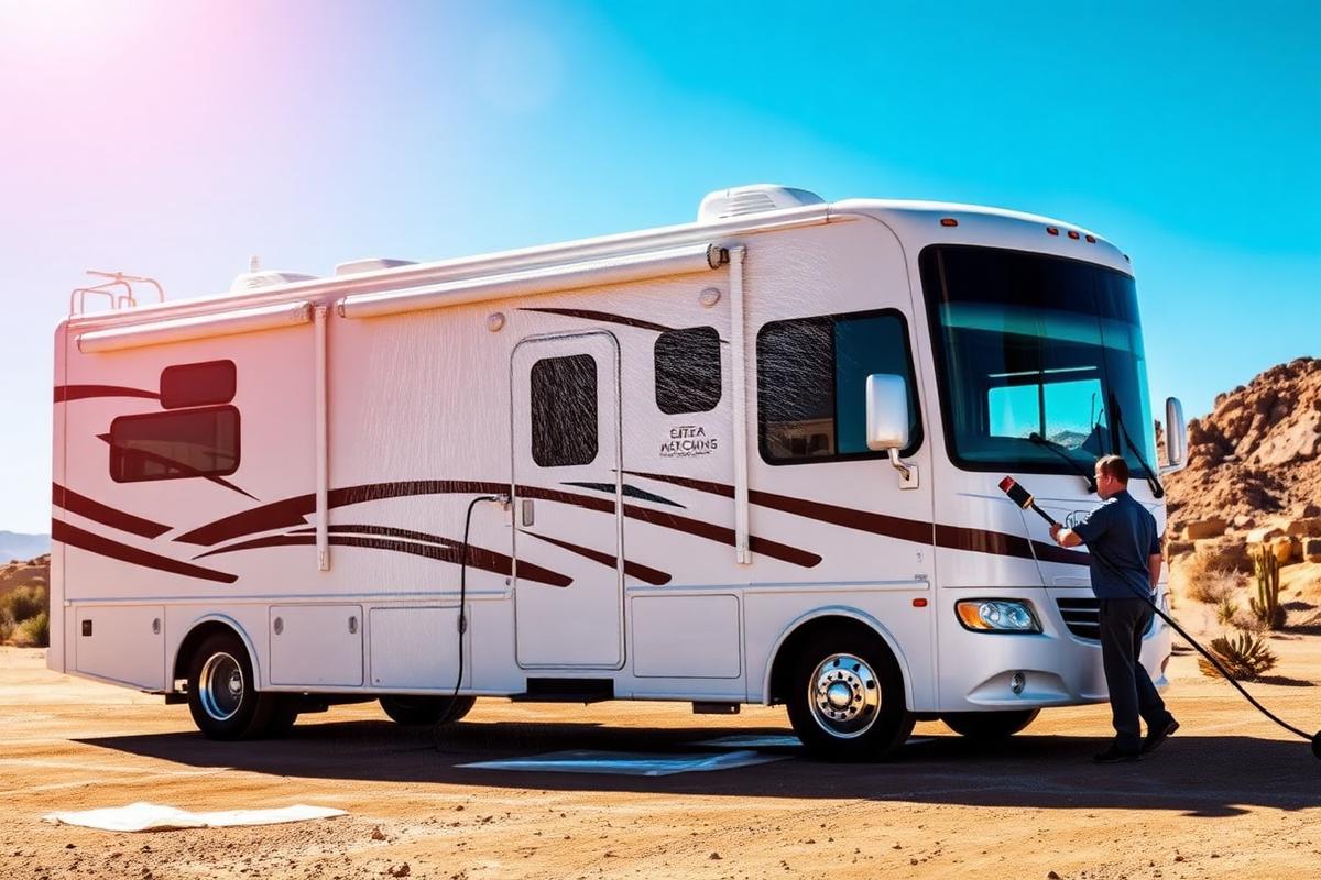 Class A motorhome being washed on a sunny Arizona lot