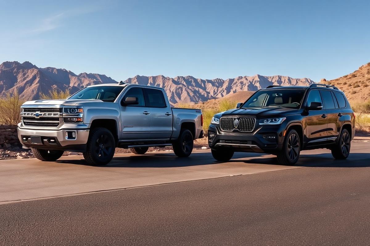 Clean pickup truck and SUV parked on a desert driveway with mountains behind